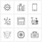 Set of 9 Simple Line Icons of creating, star, pump, crescent, internet