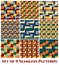 Set of 9 stylish geometric seamless patterns with windmill, circle, rectangle, square and triangle shapes of blue, golden, orange,