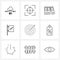 Set of 9 Universal Line Icons of marketing, aim, stationary, meal, food corner