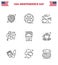 Set of 9 USA Day Icons American Symbols Independence Day Signs for cart; food; smoke; fastfood; american