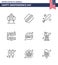 Set of 9 USA Day Icons American Symbols Independence Day Signs for fast food; garland; baseball; party; buntings