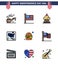 Set of 9 USA Day Icons American Symbols Independence Day Signs for fast; world; dessert; map; american