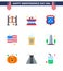 Set of 9 USA Day Icons American Symbols Independence Day Signs for holiday; cole; security; cake; flag