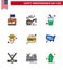 Set of 9 USA Day Icons American Symbols Independence Day Signs for meal; burger; glass; thanksgiving; american