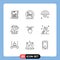 Set of 9 Vector Outlines on Grid for mobile, gestures, rainbow, wall clock, clock