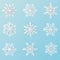 Set of 9 white Christmas snowflakes paper art on transparent background for winter holiday design element