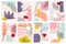 Set of abstract backgrounds with hand drawn doodle objects and various organic shapes. Modern collage for pre-made poster or print