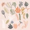 Set of abstract modern floral elements. Digital hand drawn illustration. Pastel colored naive plants. Leafs, flowers and