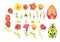 Set of abstract spring flowers of leaves and beetles for festive decoration and design.