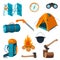 Set of accessories for camping rest and hiking activities isolated