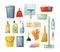 Set accessories for cleaning: buckets, tools, brushes, basins, gloves, sponges.