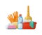 Set accessories for cleaning: buckets, tools, brushes, basins, gloves, sponges.