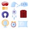 Set accessories of sleep on white background. Design kit mask, pillow, clock alarm, earplug, neck pillow, hat, pajamas,dream