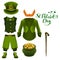 Set of accessories for St. Patricks Day. Green suit, hat, pot of gold, red beard, boots, pants, clover