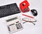 Set for accounting: invoice, keyboard, calculator, mouse, hole punch, glasses and red pen