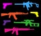 Set of acid color pistols and rifles on a black background in
