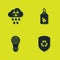 Set Acid rain and radioactive cloud, Recycle inside shield, Light bulb with world globe and Tag leaf icon. Vector