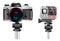 set of action camera waterproof illustration isolated, DSLR professional camera on tripod,