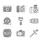 Set Action extreme camera, Photo, retouching, Camera photo lens, frame 16, and Movie clapper icon. Vector