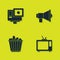 Set Action extreme camera, Retro tv, Popcorn in box and Megaphone icon. Vector