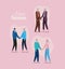 Set of active seniors woman and man cartoons on pink background vector design