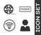 Set Add to friend, Film reel, Wi-Fi wireless internet network and Power button icon. Vector