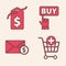 Set Add to Shopping cart, Price tag with dollar, Buy button and Envelope with coin dollar icon. Vector