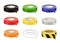 Set of adhesive tapes: black, green, blue, red, yellow, grey, orange, black and yellow caution tape. Isolated illustration. Vector