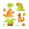 Set of adorable and cute dinosaurs in children\\\'s cartoon style. Green and orange prehistoric animal.