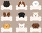 Set of adorable dogs\\\' faces flat colored with front paws holding a bone