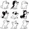 Set of adorable dogs sitting and waving hand illustrations with only outlines