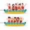 Set adults and children ride on a banana boat. Vector illustrati