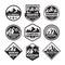 Set of adventure outdoor concept badges, camping emblem, mountain climbing logo in flat style. Exploration sticker symbol.