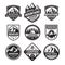 Set of adventure outdoor concept badges, camping emblem, mountain climbing logo in flat style. Exploration sticker symbol. Creativ