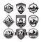 Set of adventure outdoor concept badges, summer camping emblem, mountain climbing logo in black & white colors. Monochrome stencil