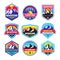 Set of adventure outdoor concept badges, summer camping emblem, mountain climbing logo in flat style. Creative vector illustration
