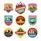 Set of adventure outdoor concept badges, summer camping emblem, mountain climbing logo in flat style. Extreme exploration sticker