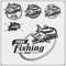 Set af fishing labels with a pike and fishing tackle. Fishing emblems and design elements.