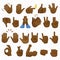 Set of african american or brazilian black hands icons and symbols. Emoji hand icons. Different cartoon gestures, hands