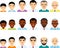 Set of african american, european, asian age group avatars man in colorful style.