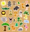 Set of african animals stikers. Twenty animals and birds, baobab and palm tree.