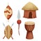 Set African hut with straw roof, shield with spear, drum in cartoon style isolated on white background. Safari tribal