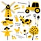 Set of agricultural and farm tools, animals, plants and machinery. Cartoon cow, chicken, tractor, scarecrow, mill, wheat.