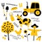 Set of agricultural and farm tools, animals, plants and machinery. Cartoon cow. Funny doodle hand drawn vector illustration.
