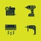 Set Air compressor, Electric drill machine, conditioner and cordless screwdriver icon. Vector