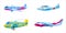 Set of airplanes aircraft different colour. Retro, personal, cargo, speed, monoplane. Vector isolated cartoon style