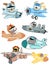 Set of airplanes cartoon with funny animals pilot