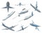 Set of airplanes in different positions for commercial aviation fleet. Aircraft transport. Civil aircraft journey and