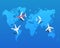 Set of Airplanes Flying over World Map. Vector