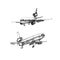 Set of airplanes on a white background. Hand drawn pencil illustrations. Black and white